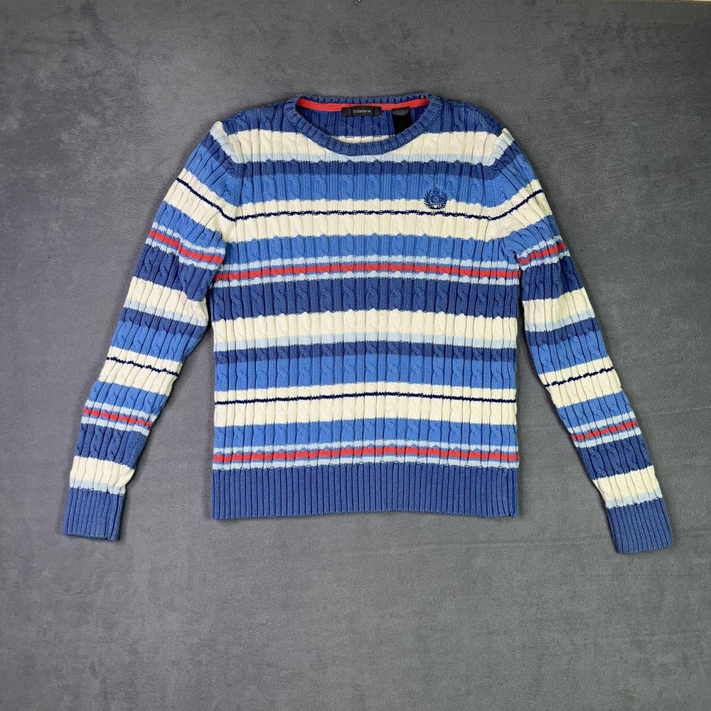 VTG Liz Claiborne Sweater M Blue Striped Cotton Crown Wreath Crest Old Money